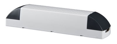 White plastic housing with black end caps, rectangular electronic component for lighting applications.