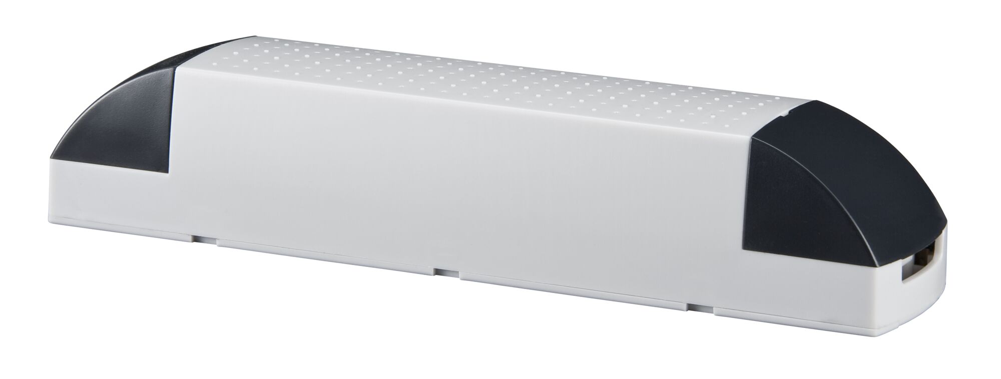 Boîtier en plastique blanc avec embouts noirs, composant électronique rectangulaire pour éclairage.