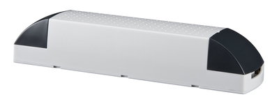 White plastic housing with black end caps, rectangular electronic component for lighting applications.