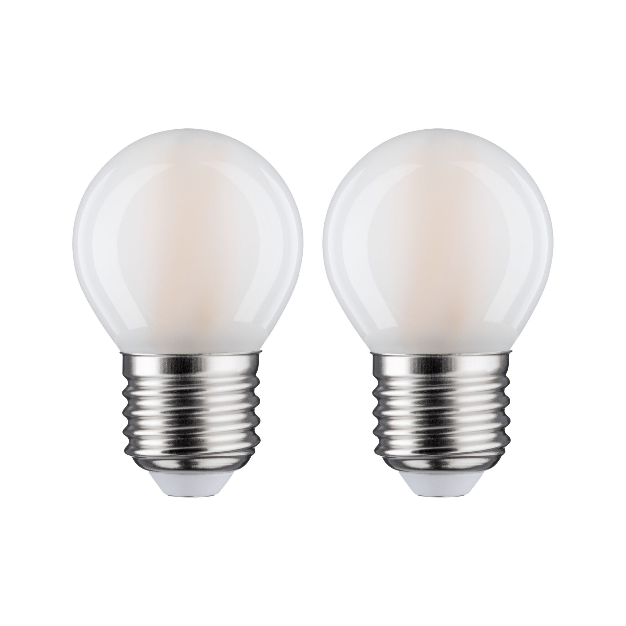 Zwei matte LED-Leuchtmittel mit E27-Fassung in Weiß für energiesparende Beleuchtung