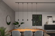 Modern dining area with black track pendant light featuring six black metal lampshades.