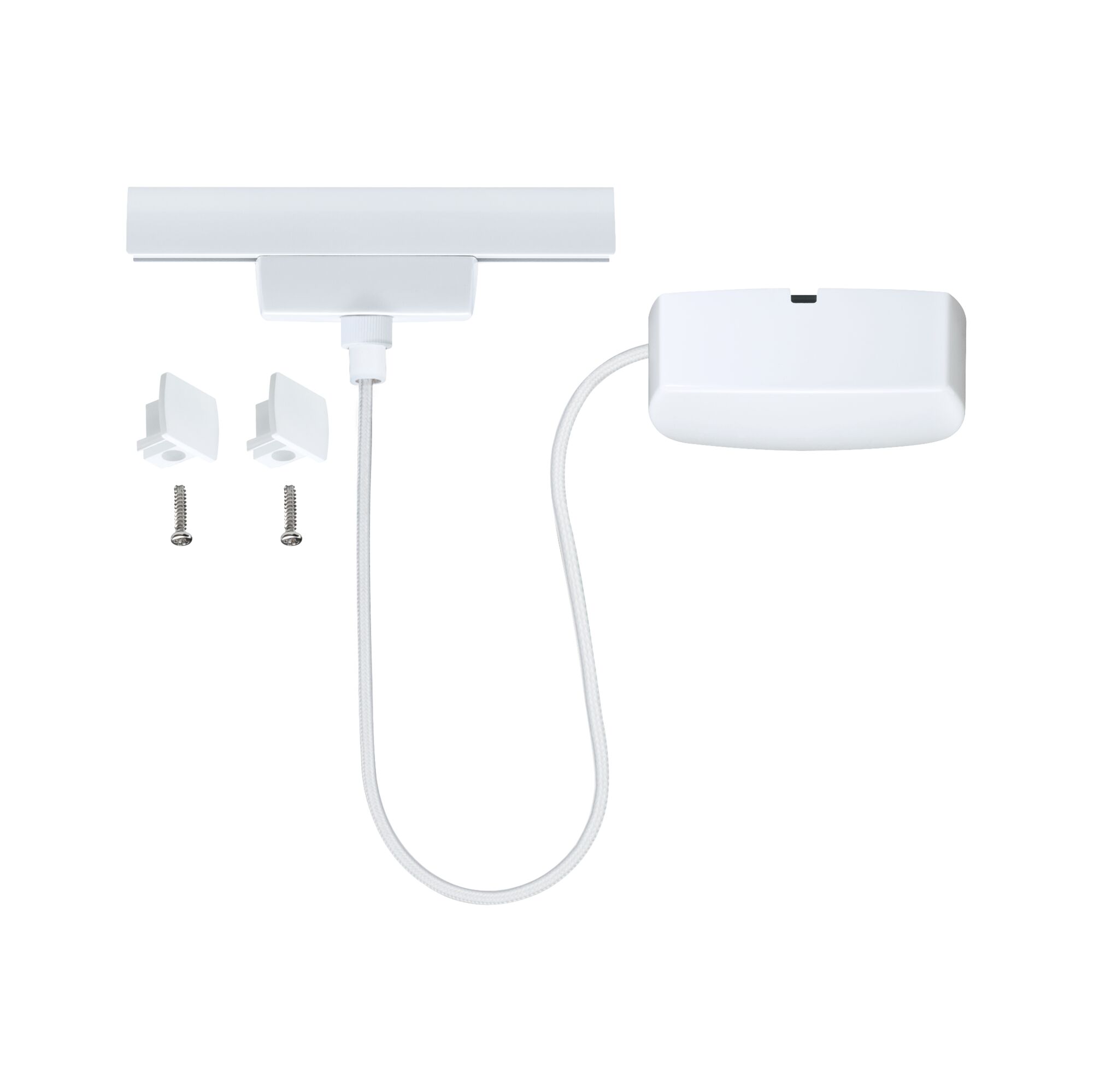 White LED track adapter set with cable and mounting accessories for flexible lighting solutions