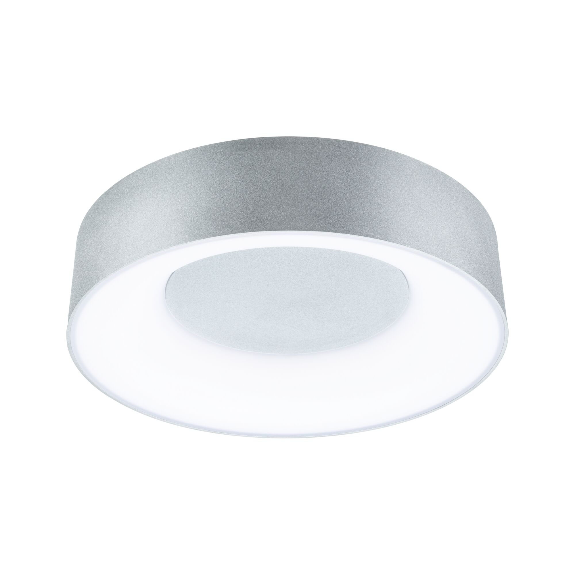 Plafonnier rond en métal argenté avec diffuseur blanc pour éclairage moderne