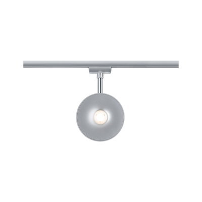 Moderner runder LED-Strahler in Silber aus Metall für Schienensysteme, energiesparende Beleuchtung