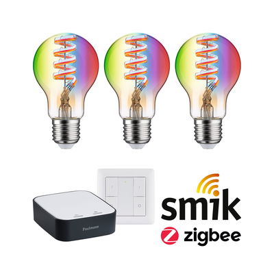Drie gekleurde LED-lampen met spiraalfilament, slimme bediening en Zigbee draadloze technologie.