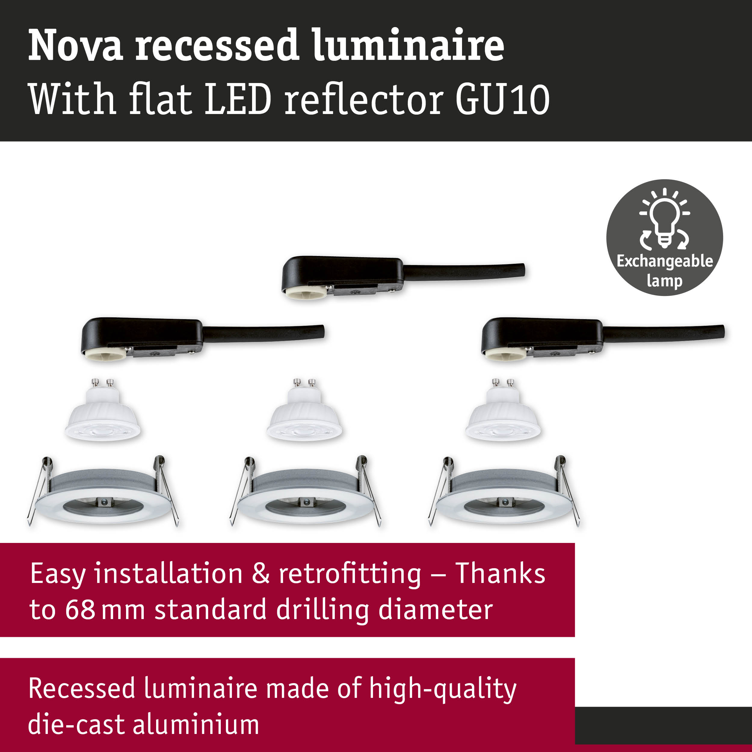 Nova recessed luminaire with flat LED reflector GU10 made of white die-cast aluminium for easy fitting