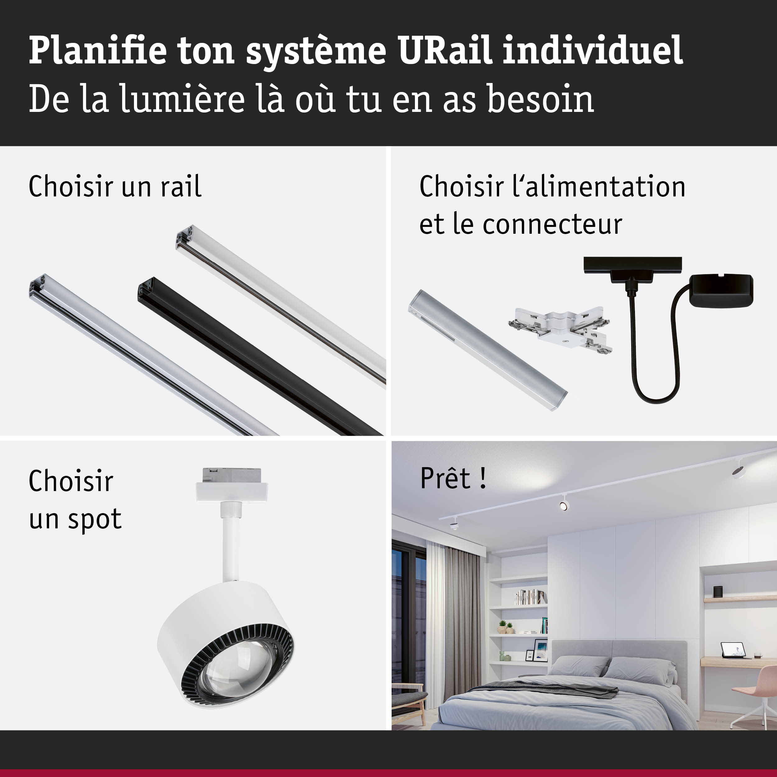 Système modulaire URail avec rails en aluminium noir et blanc pour éclairage LED flexible