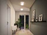 Couloir moderne avec luminaires blancs au plafond, plantes vertes et décoration minimaliste sous lumière chaude.