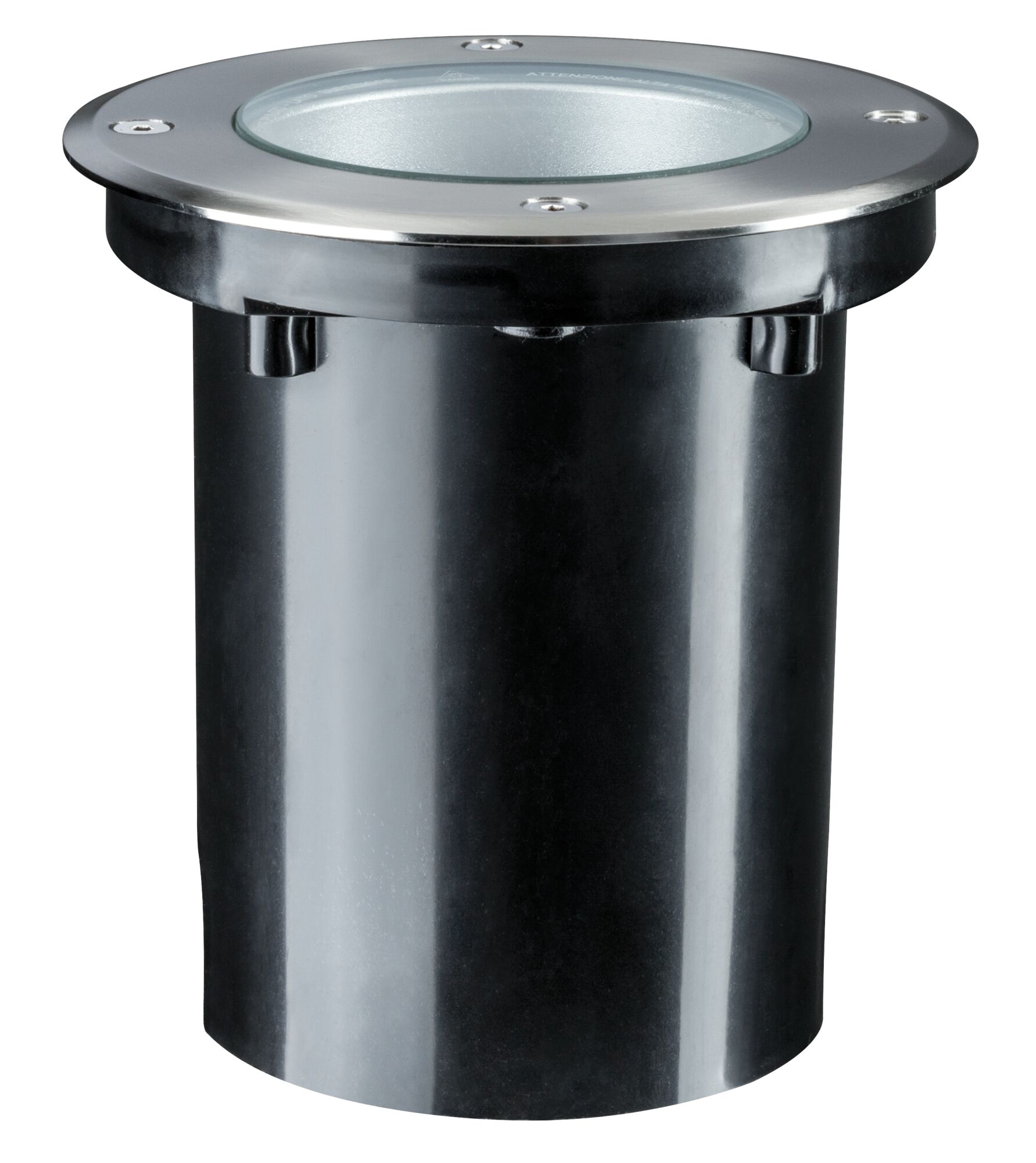 Round recessed floor spotlight in black plastic with stainless steel rim for outdoor lighting