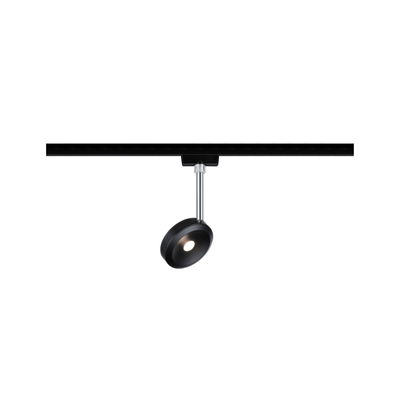 Black metal LED spotlight on track system for flexible room lighting and modern design