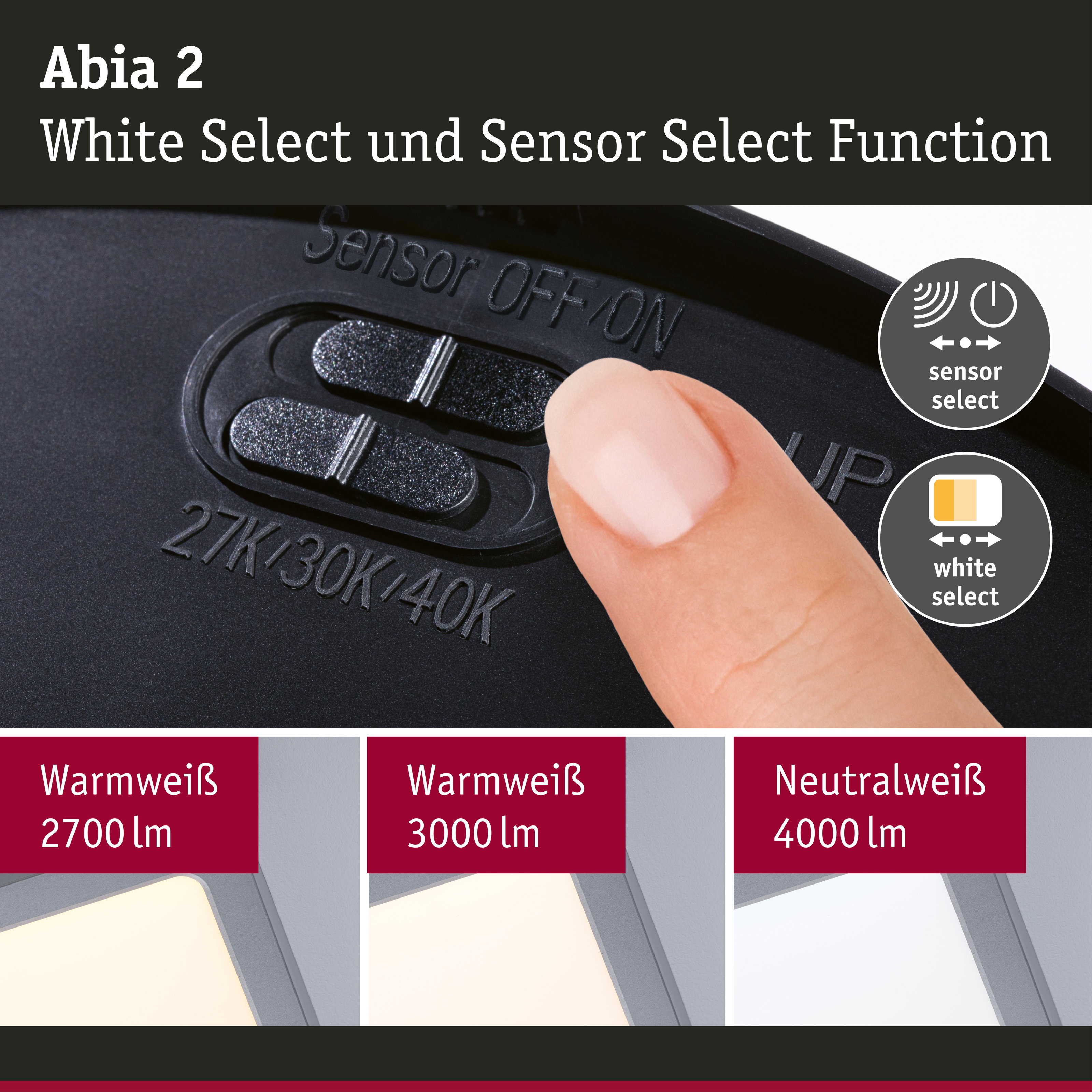 Abia 2 Schalter mit Sensor- und White Select-Funktion in Schwarz für LED-Beleuchtung