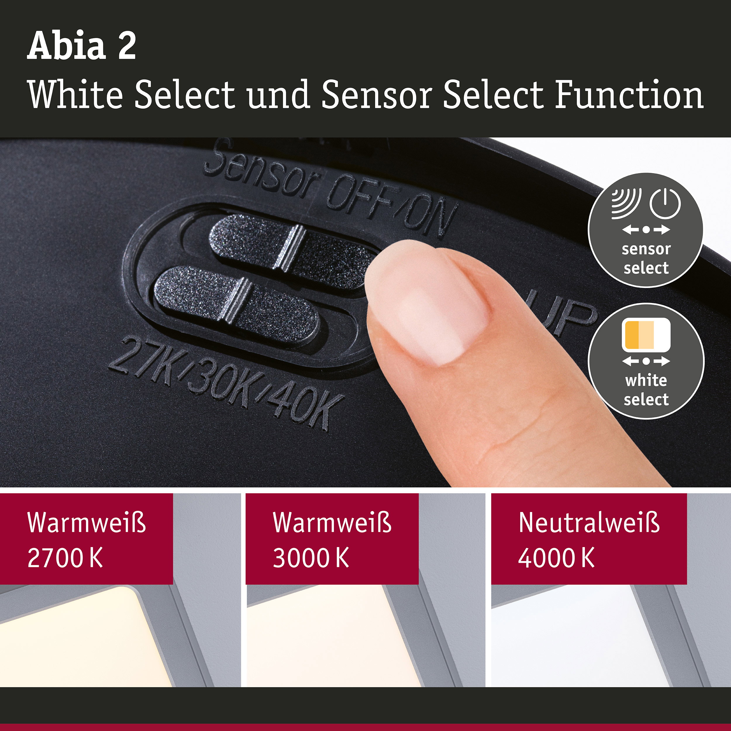 Abia 2 Schalter mit Sensor- und White Select-Funktion in Schwarz für LED-Beleuchtung