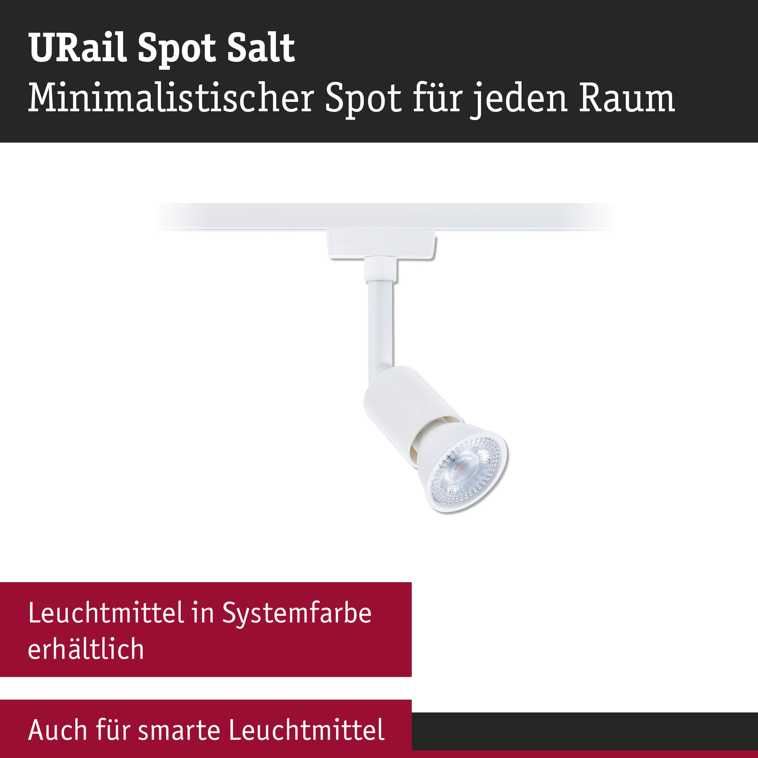Weißer minimalistischer URail Spot Salt LED-Strahler für flexible Raumbeleuchtung