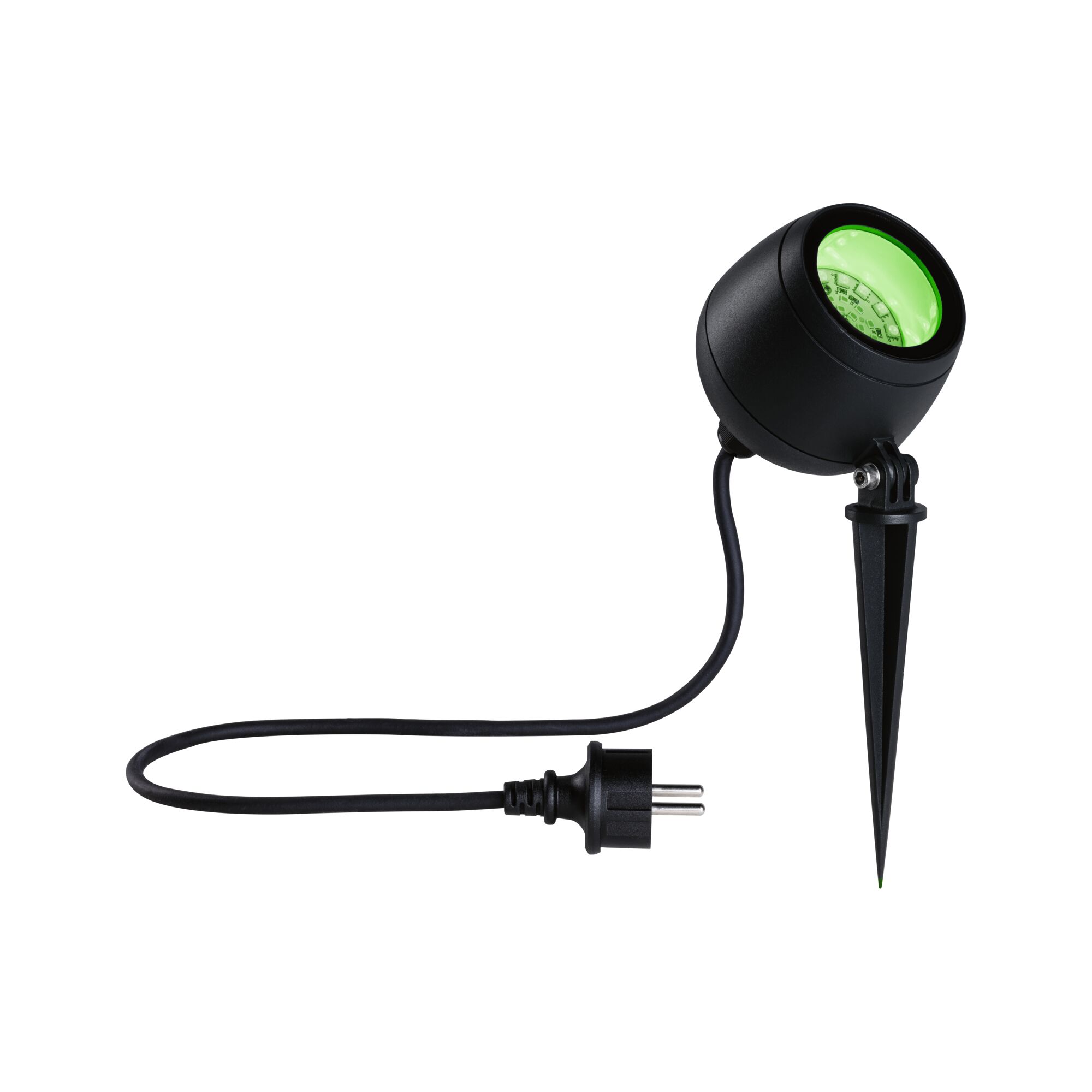 Zwarte LED-tuinschijnwerper met groen licht en grondpin, kabel met stekker voor buitenverlichting