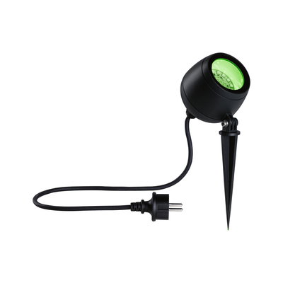Black LED garden spotlight with green light and ground spike, cable with plug for outdoor lighting