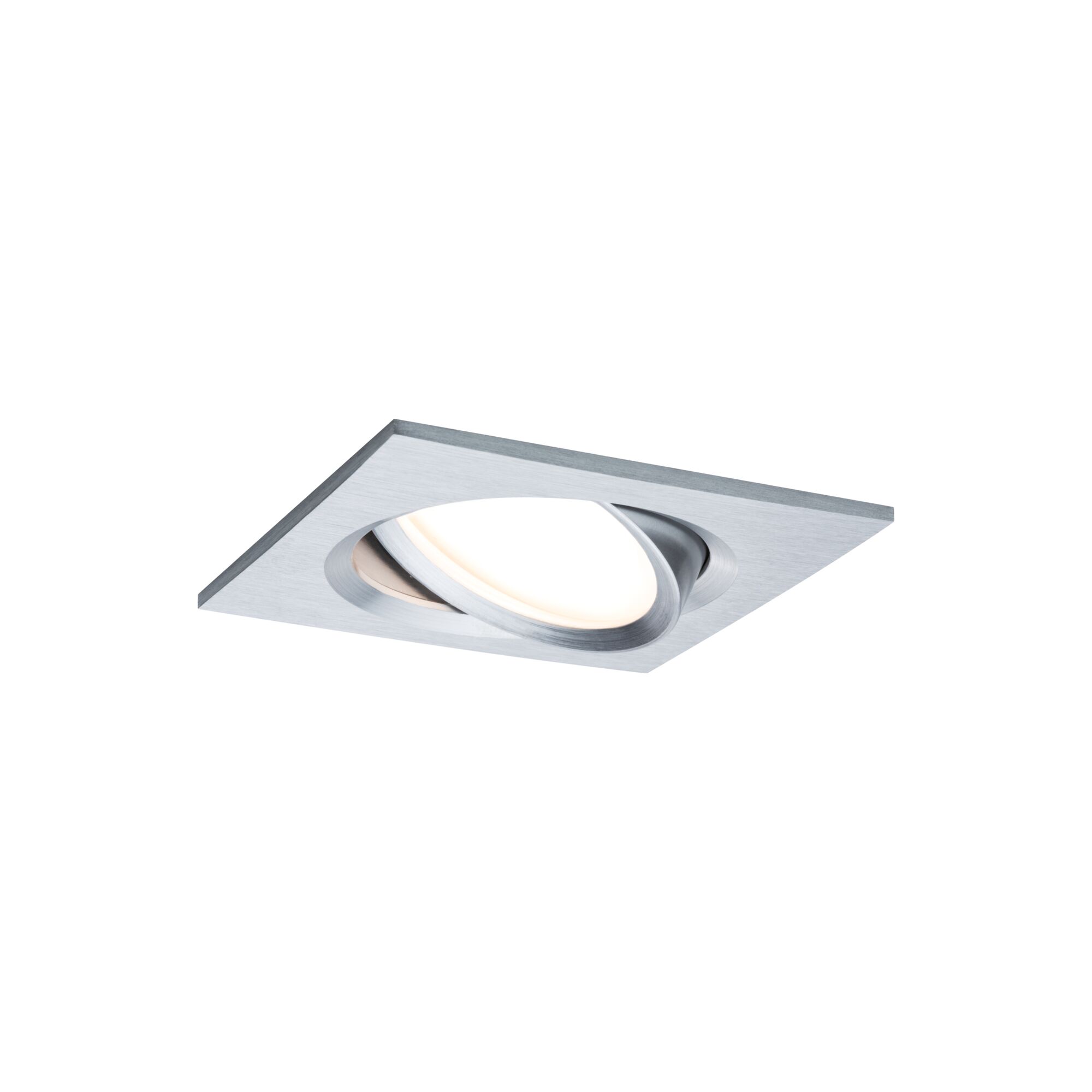 Quadratischer Einbaustrahler aus gebürstetem Aluminium in Silber mit schwenkbarem Spot für LED-Beleuchtung