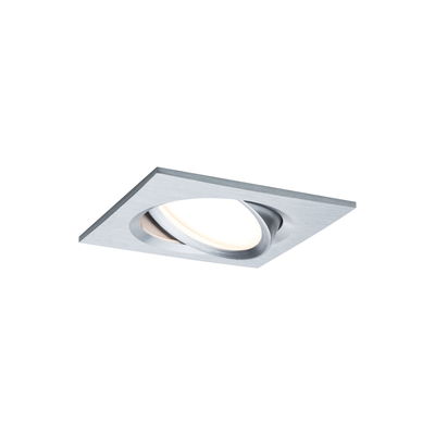 Quadratischer Einbaustrahler aus gebürstetem Aluminium in Silber mit schwenkbarem Spot für LED-Beleuchtung