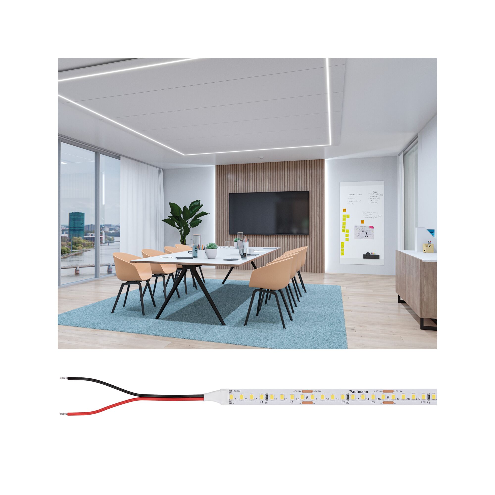 Modernes Büro mit LED-Deckenbeleuchtung in Weiß und Holzpaneelwand, Konferenztisch mit Stühlen