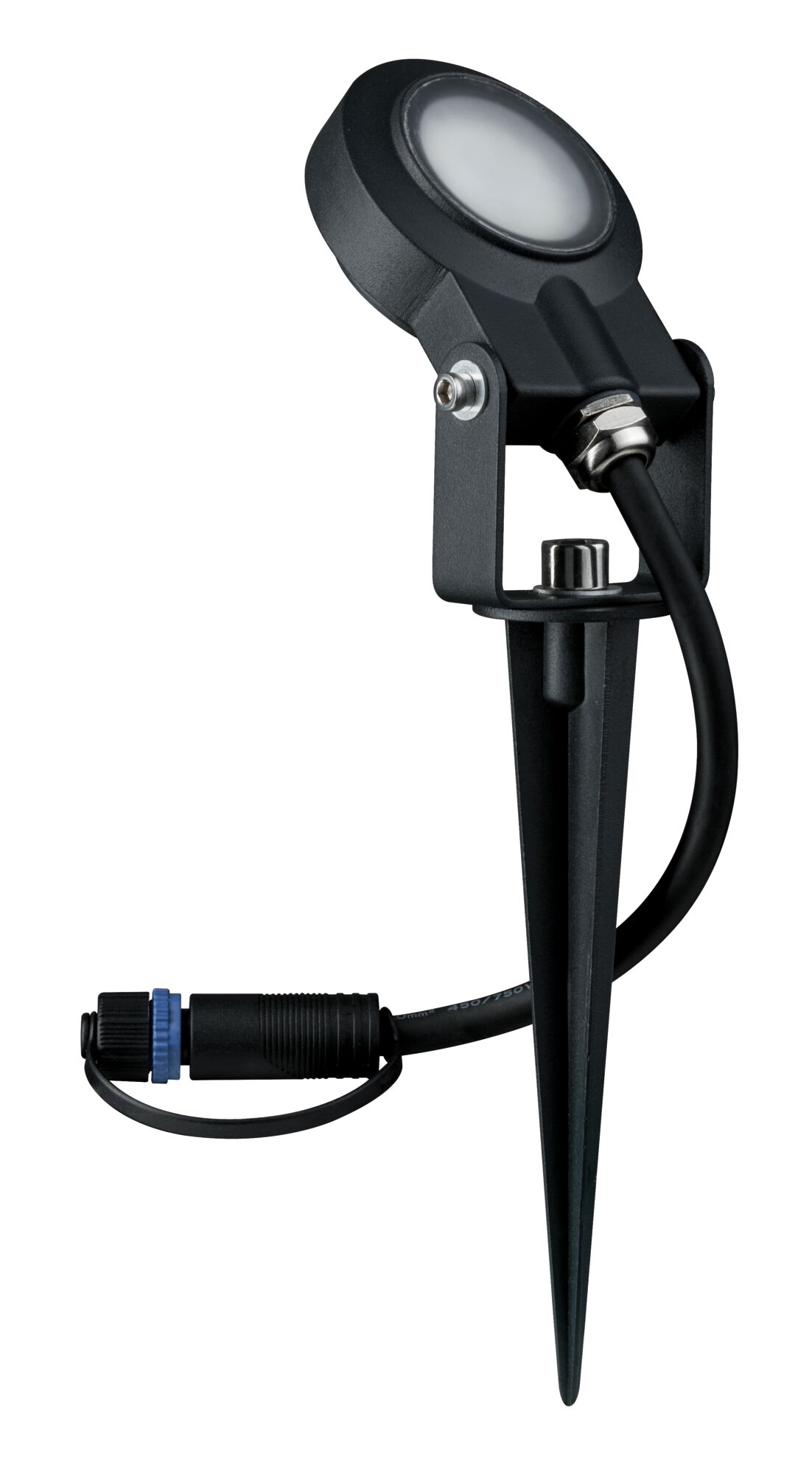 Black metal LED outdoor spotlight with ground spike for garden and exterior lighting