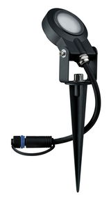 Black metal LED outdoor spotlight with ground spike for garden and exterior lighting