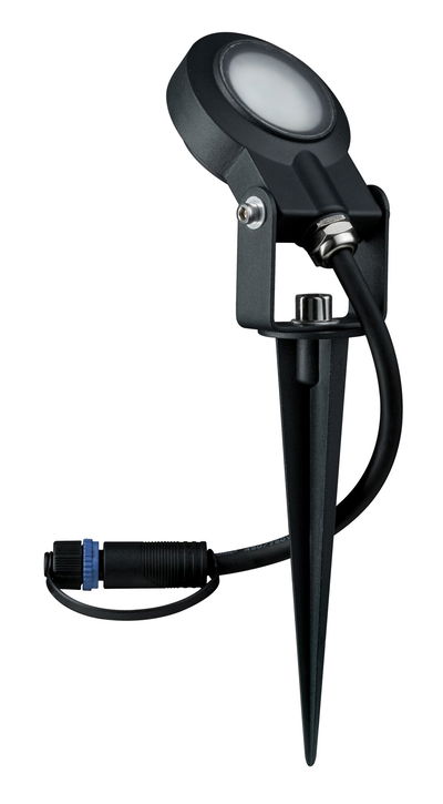 Black metal LED outdoor spotlight with ground spike for garden and exterior lighting