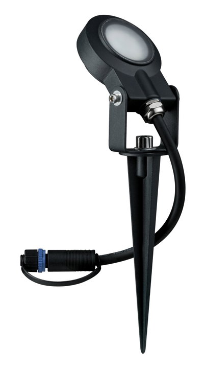 Black metal LED outdoor spotlight with ground spike for garden and exterior lighting