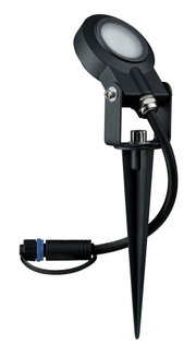 Black metal LED outdoor spotlight with ground spike for garden and exterior lighting