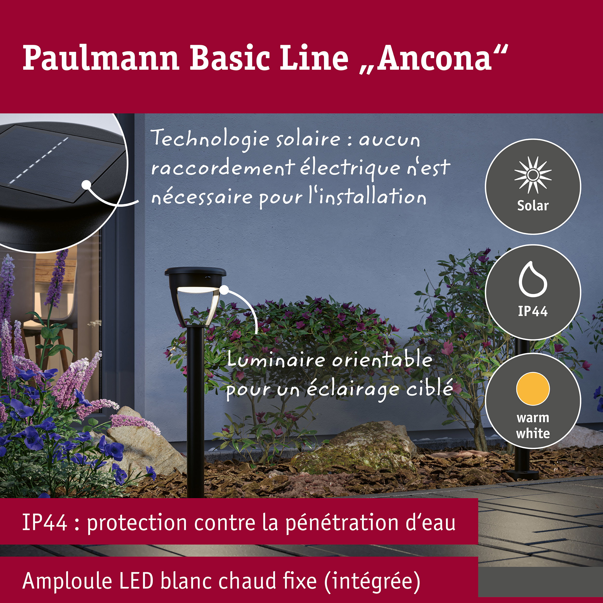 Solar Piquet à planter LED Ancona IP44 3000K 300lm Noir 140mm