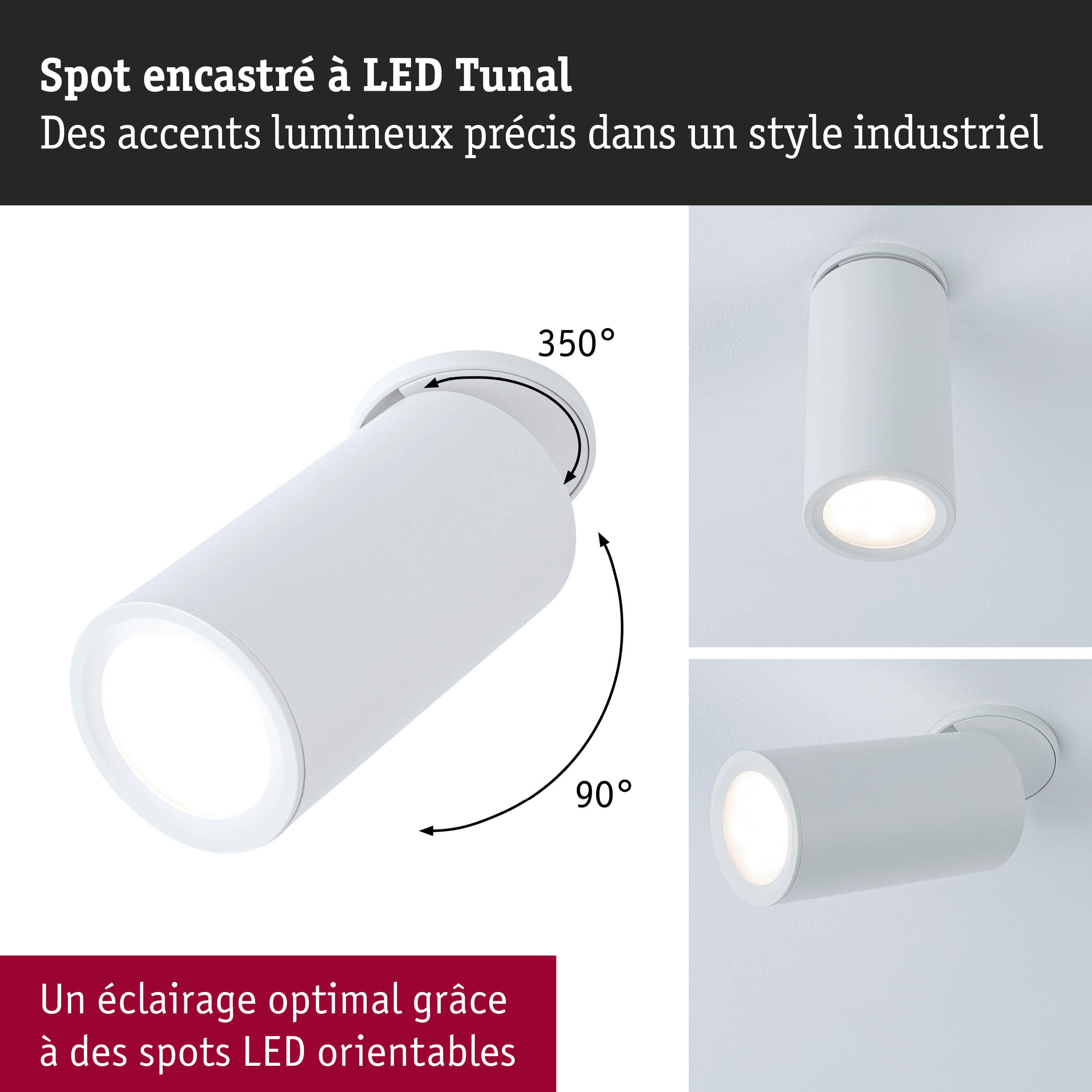 Spot encastré LED Tunal blanc en métal avec tête orientable à 350° pour un éclairage précis industriel