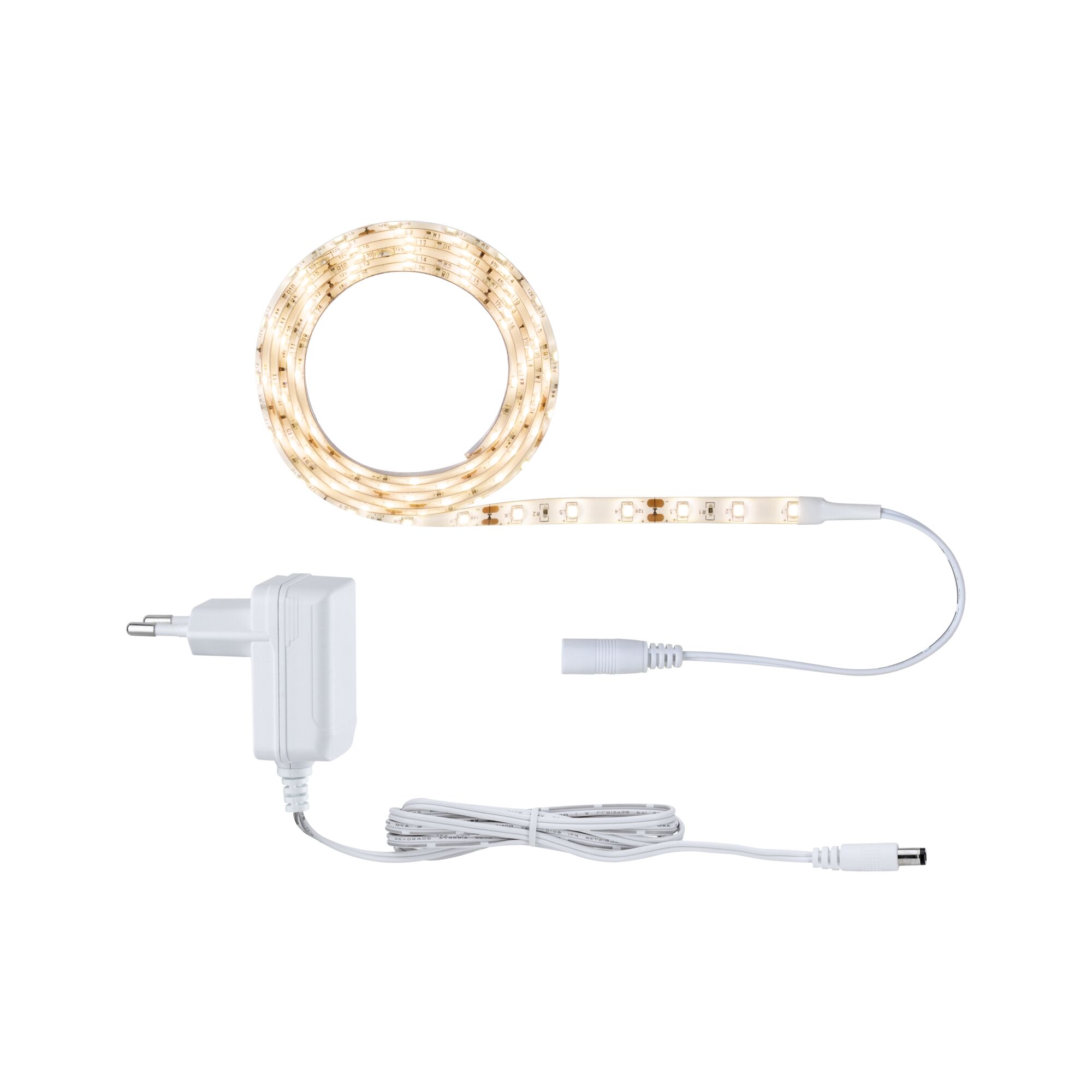 Warm white LED strip light with white power adapter and cable for versatile lighting applications