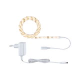 Warm white LED strip light with white power adapter and cable for versatile lighting applications
