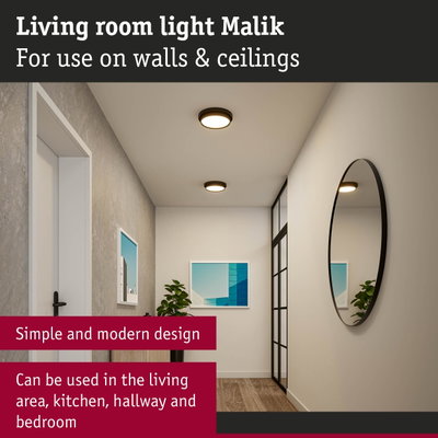 Round black ceiling and wall light Malik with warm white light for living room and hallway