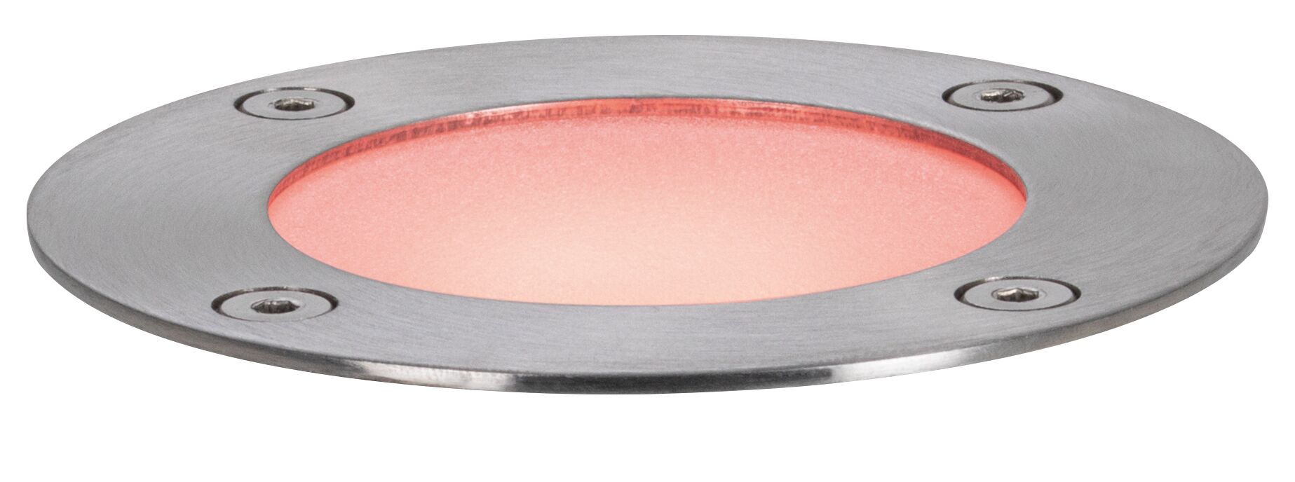 Round LED recessed light in brushed stainless steel with warm white light for outdoor use