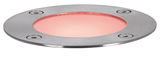Round LED recessed light in brushed stainless steel with warm white light for outdoor use