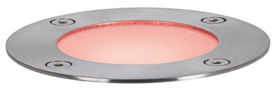 Round LED recessed light in brushed stainless steel with warm white light for outdoor use