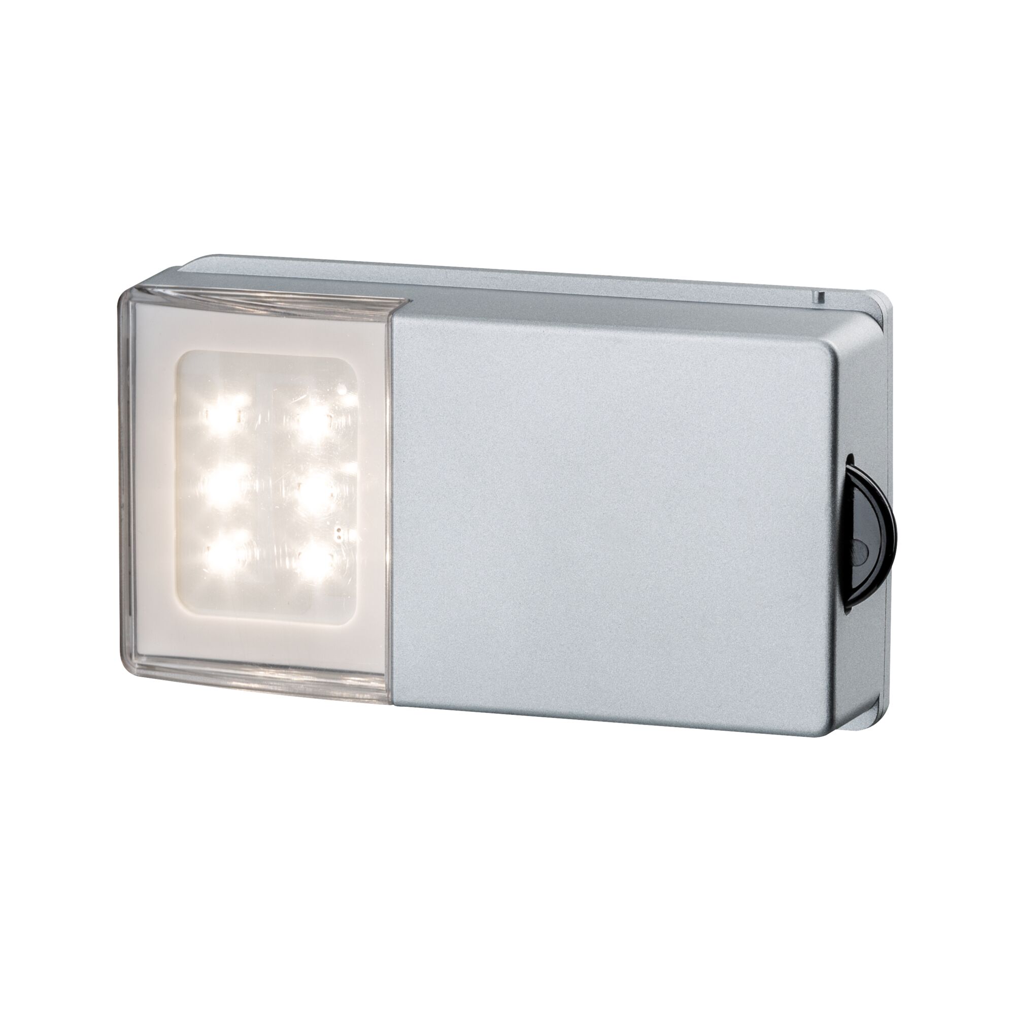 Rechteckige LED-Leuchte aus silbernem Metall mit transparentem Leuchtfeld und sechs LEDs für Innenbeleuchtung