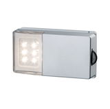 Rechteckige LED-Leuchte aus silbernem Metall mit transparentem Leuchtfeld und sechs LEDs für Innenbeleuchtung