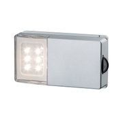 Rechteckige LED-Leuchte aus silbernem Metall mit transparentem Leuchtfeld und sechs LEDs für Innenbeleuchtung