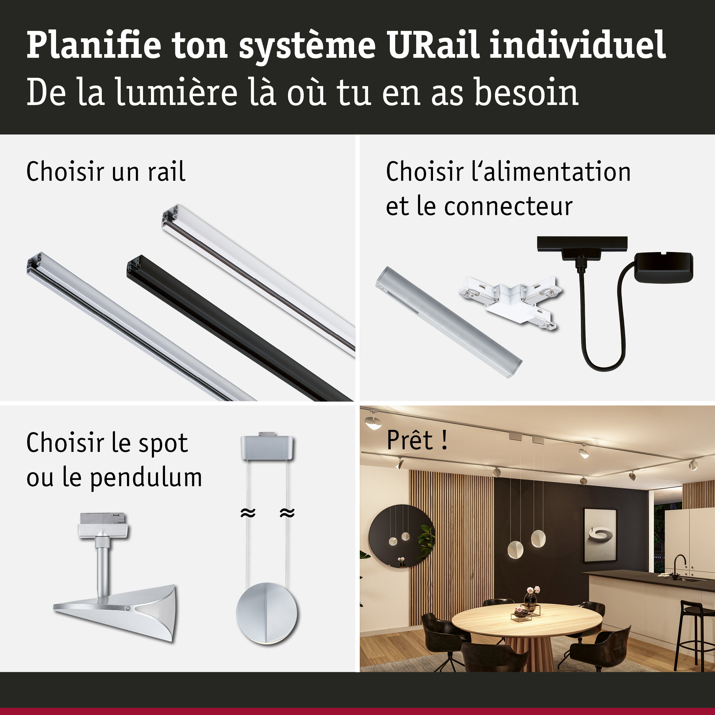 Système modulaire URail avec rails en aluminium noir et blanc pour éclairage LED flexible.