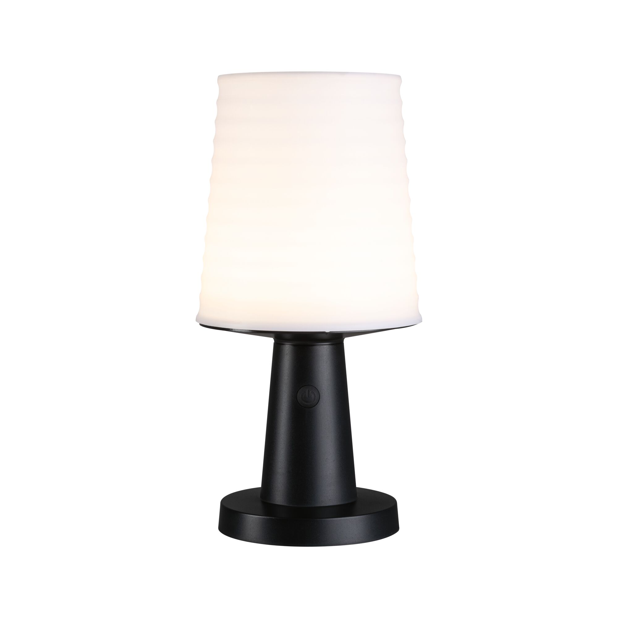 Moderne Tischlampe mit schwarzem Metallfuß und weißem Lampenschirm aus Kunststoff für Wohnräume