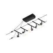 Schwarzes Kabel-Spotlightsystem mit fünf weißen Lampenschirmen aus Glas für moderne Innenbeleuchtung
