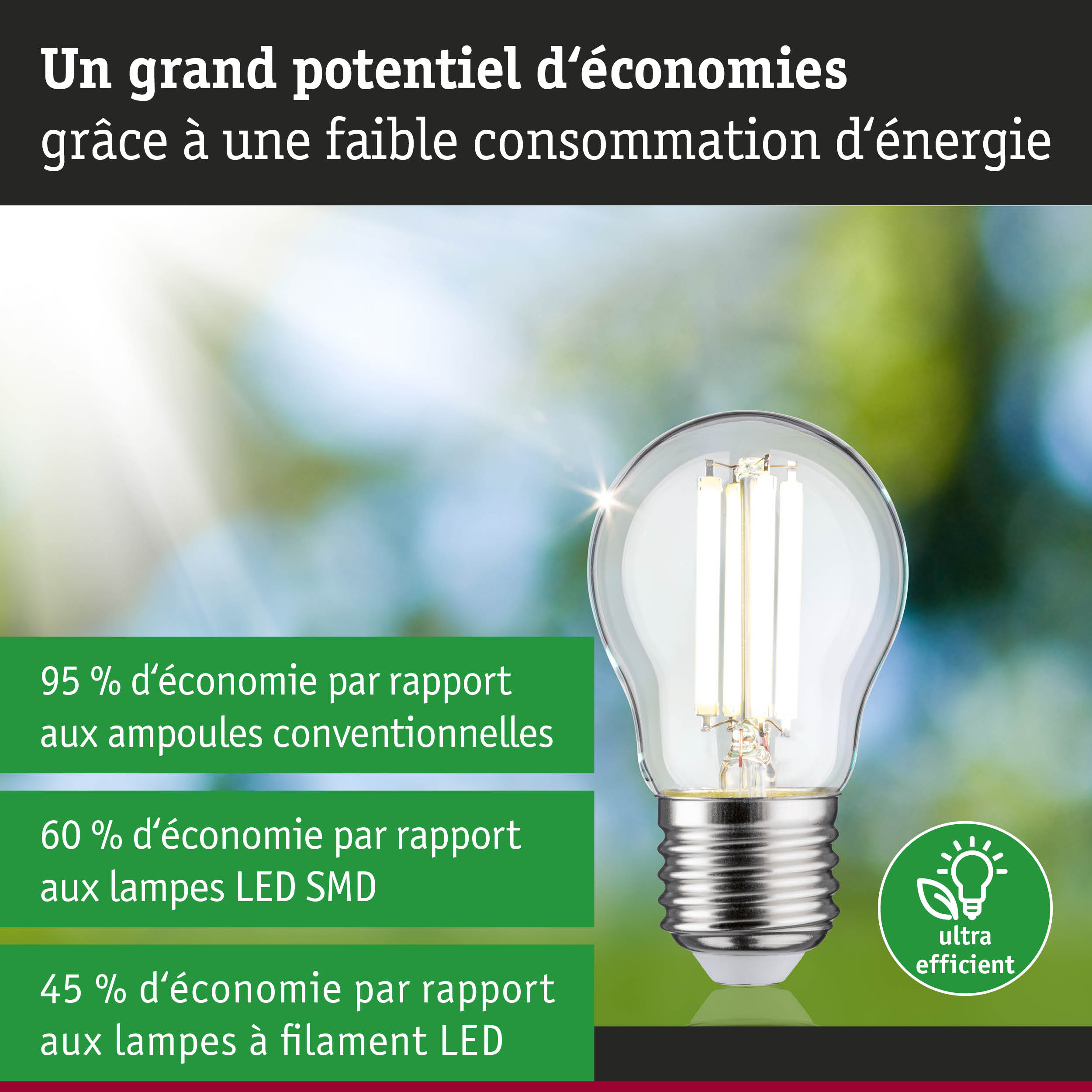 Ampoule basse consommation en verre transparent avec base argentée, illustrant l'efficacité énergétique