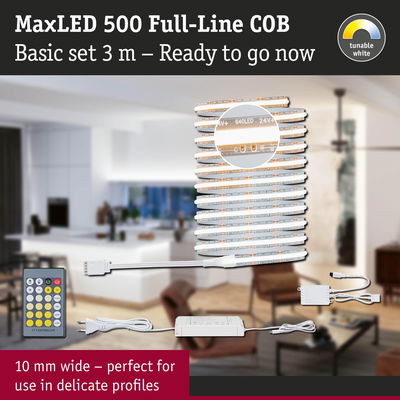 MaxLED 500 Full-Line COB LED strip 3 m set with remote, white light, 10 mm wide for delicate profiles