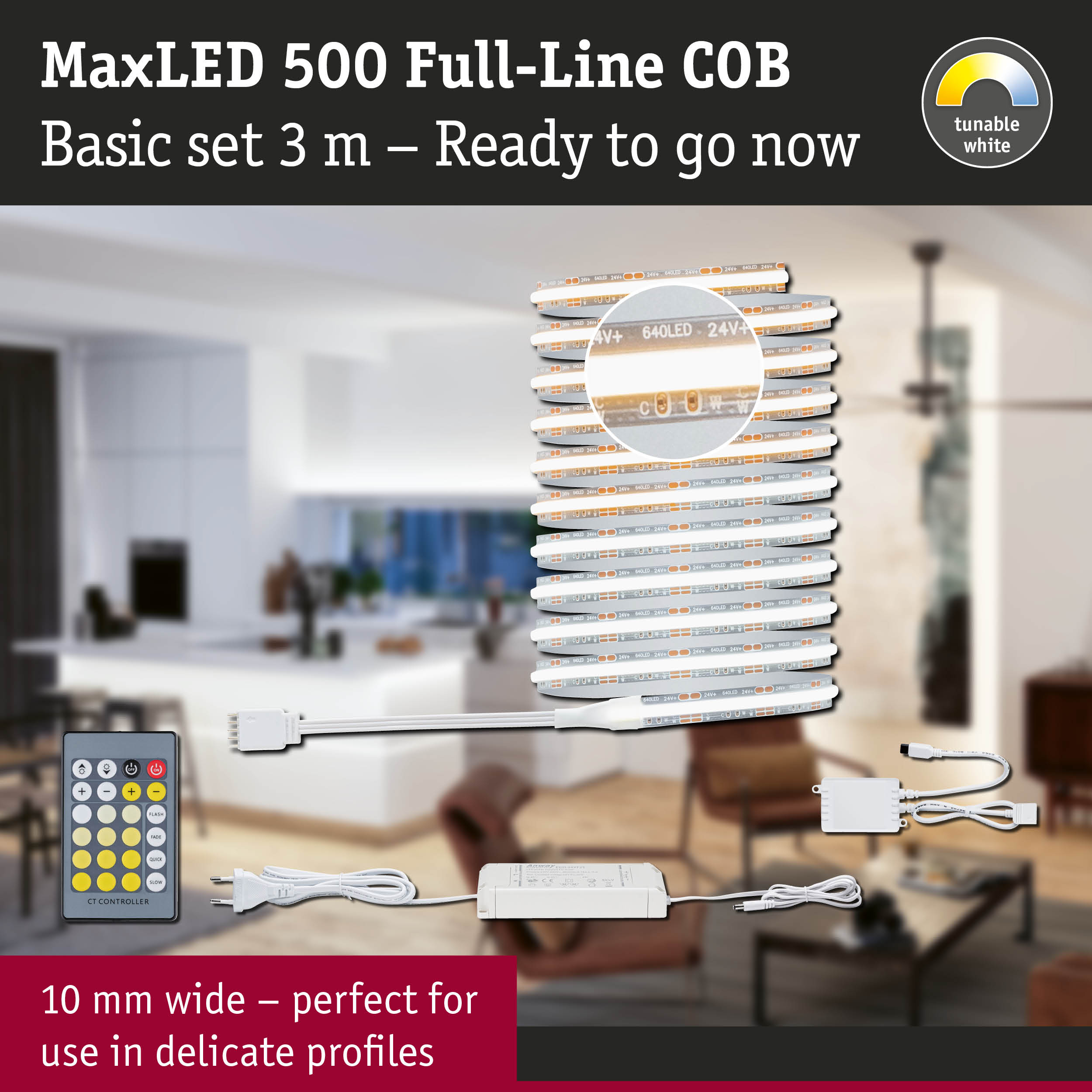 MaxLED 500 Full-Line COB 3m LED strip kit with remote and power supply for tunable white lighting