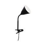 Zwarte metalen klemlamp met flexibele hals en witte reflector voor gerichte verlichting