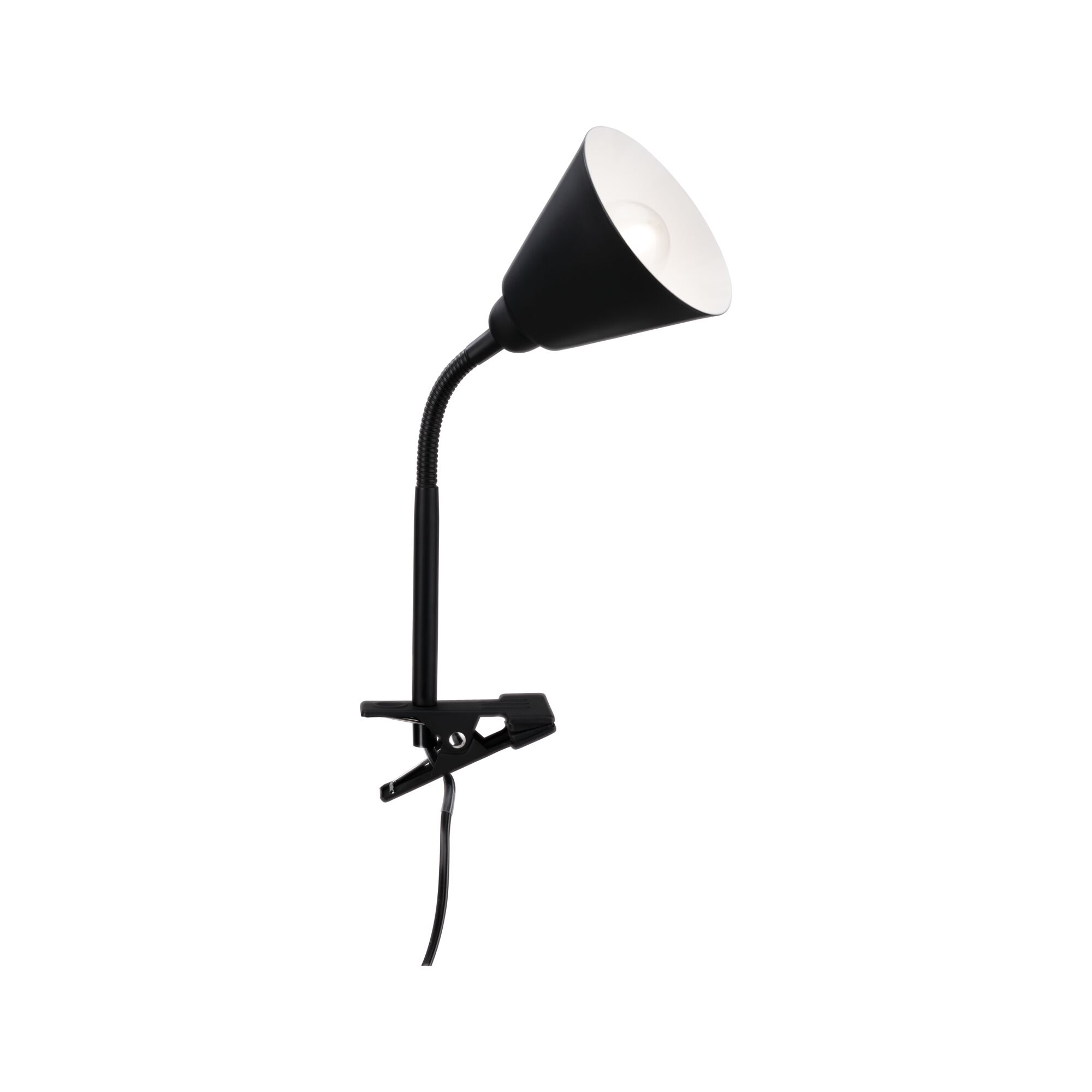 Black metal clip lamp with flexible neck and white reflector for focused lighting in workspaces