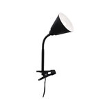 Black metal clip lamp with flexible neck and white reflector for focused lighting in workspaces