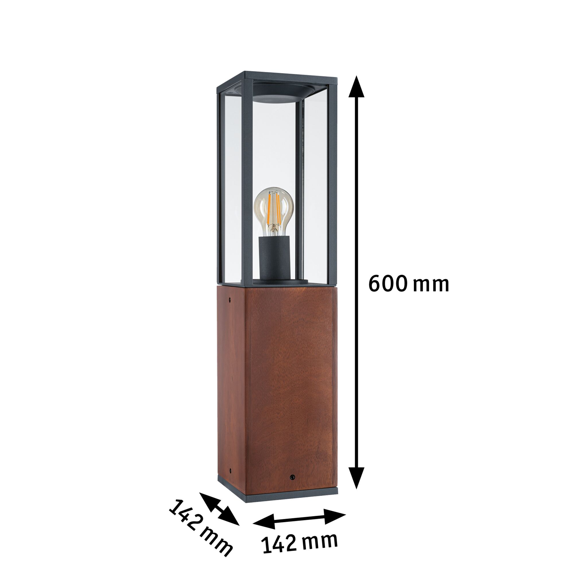 Modern outdoor lamp with wooden base and black metal frame, 600 mm tall, ideal for garden lighting