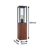 Lampe extérieure moderne avec socle en bois et cadre métallique noir, 600 mm de hauteur, pour éclairage de jardin