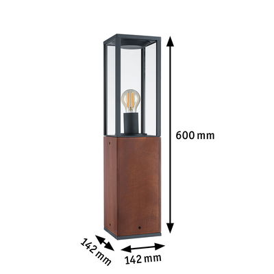 Lampe extérieure moderne avec socle en bois et cadre métallique noir, 600 mm de hauteur, pour éclairage de jardin